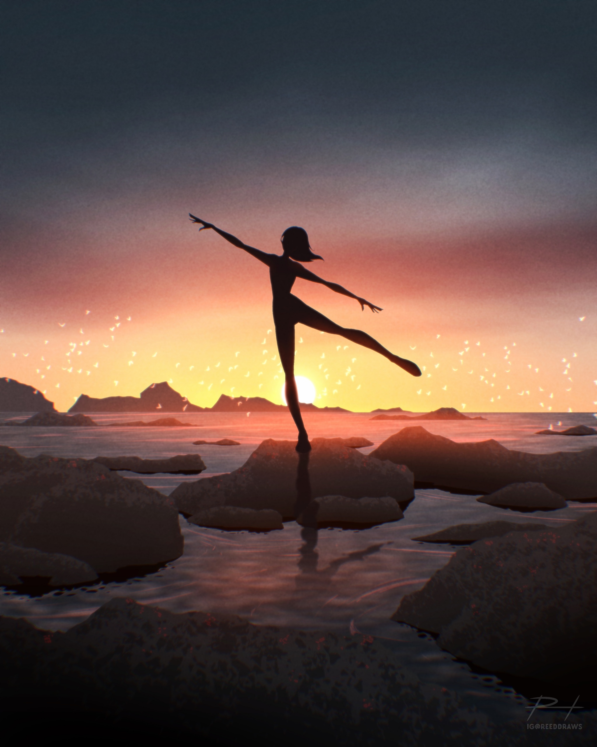 Artwork | Drawing of a silhouetted woman dancing on rocks in the water at sunset